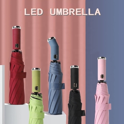 23인치 폰지 패널 LED 접는 우산 10개의 뼈와 이중 뼈 자동 손전등