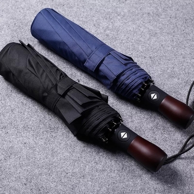 완전 자동 10 갈래 바람 저항성 단단한 나무 손잡이 세 번 접는 남성 비즈니스 우산