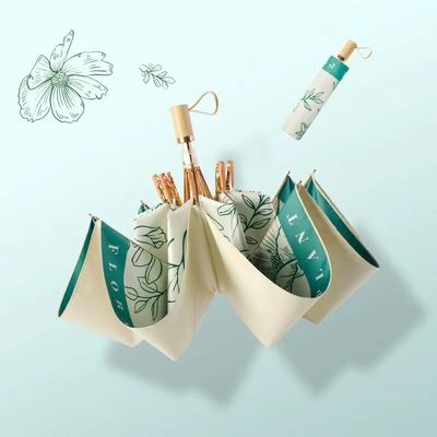 클래식 스타일 중국 꽃 인쇄 목조 손잡이 3 접기 우산 결혼식 장식