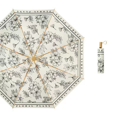 클래식 스타일 중국 꽃 인쇄 목조 손잡이 3 접기 우산 결혼식 장식