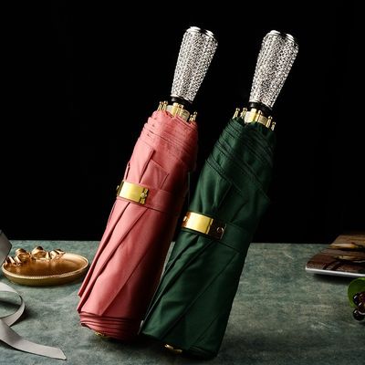 수동 제어 다이아몬드 삽입 손잡이 3 접기 우산 여성용 독특한 비 우산