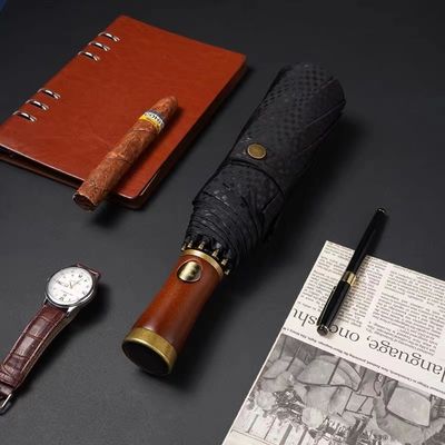 X315 목재 디자인 남성 자동 바람 막아 삼중 접는 우산 맞춤형 색상